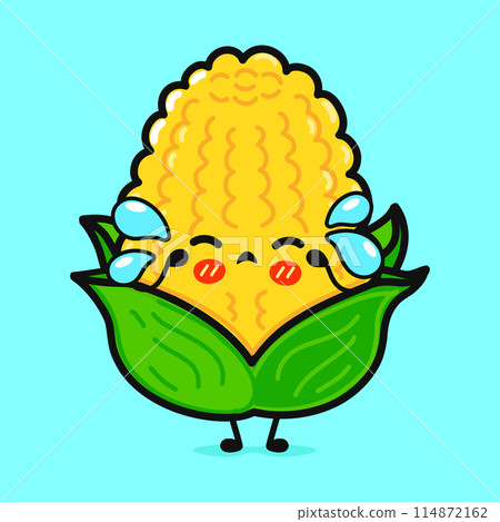 Crying Corn character. Vector hand drawn cartoon kawaii character illustration icon. Isolated on blue background. Sad Corn character concept 114872162