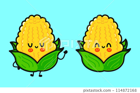 Corn character. Vector hand drawn cartoon kawaii character illustration icon. Isolated on blue background. Corn character concept 114872168