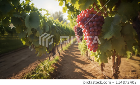 Ripe Grapes Hanging in Sunlit Vineyard 114872402