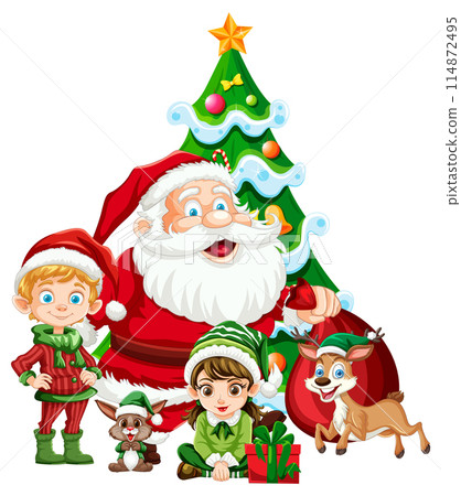 Santa and Elves by Christmas Tree Santa and Elves by Christmas Tree 114872495