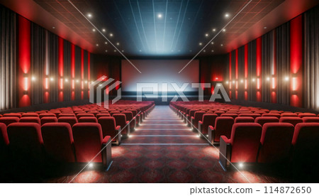 Empty Movie Theater with Red Seats and Large Screen 114872650