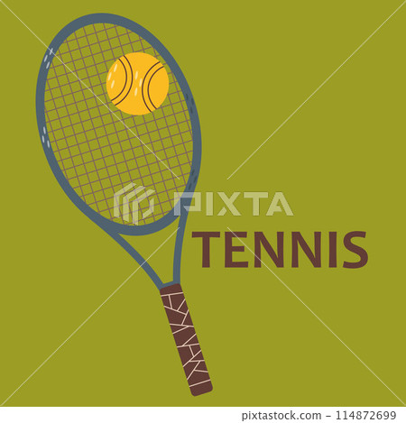 Tennis racket and ball isolated on green background. Sport. Tennis logo. Flat style Tennis racket and ball isolated on green background. Sport. Tennis logo. Flat style 114872699