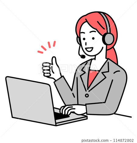 A woman working on a laptop making a good sign 114872802