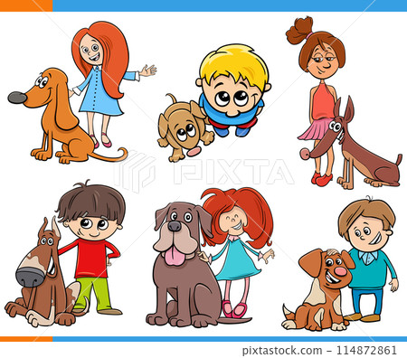 cartoon children and their dogs pet characters set cartoon children and their dogs pet characters set 114872861