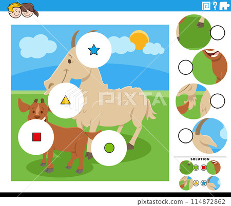 match the pieces activity with cartoon goat and kid farm animals 114872862