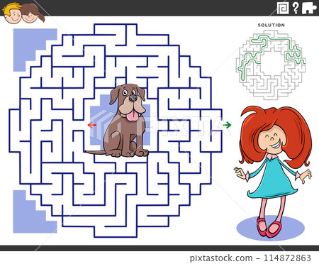 maze game with cartoon little girl and her puppy 114872863