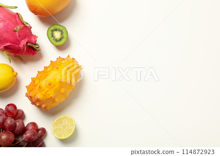 Set of tropical fruits on white background, space for text 114872923