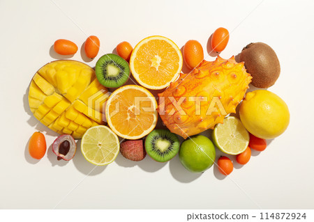 Set of tropical fruits on white background, top view 114872924