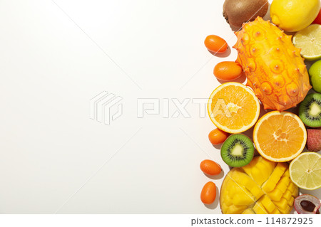 Set of tropical fruits on white background, space for text 114872925