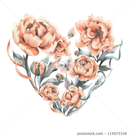 Delicate flowers, buds and leaves of peach and pink peonies with butterflies in a vintage style. Hand drawn watercolor illustration. Composition in the shape of a heart isolated from background 114873336