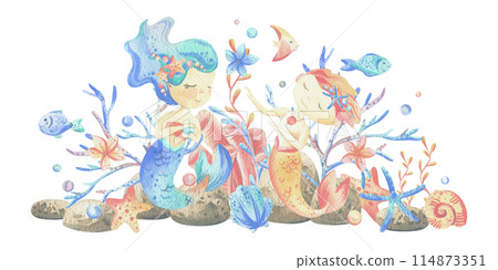 Mermaid little boy and girl with sea corals, algae, shells, starfish, fish, bubbles. Watercolor illustration hand drawn in coral, turquoise and blue colors. Composition isolated from the background. Mermaid little boy and girl with sea corals, algae, shells, starfish, fish, bubbles. Watercolor illustration hand drawn in coral, turquoise and blue colors. Composition isolated from the background. 114873351