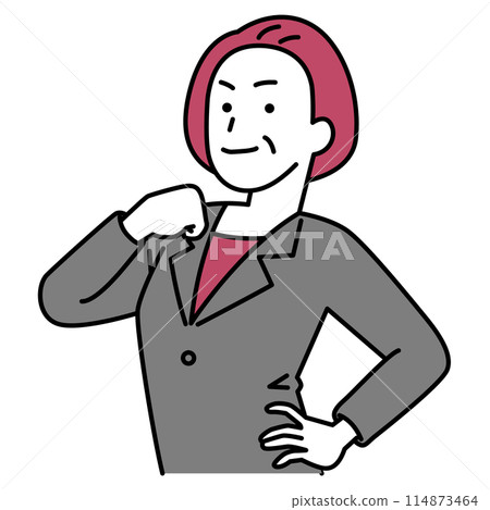 A middle-aged woman in a suit puffing out her chest A middle-aged woman in a suit puffing out her chest 114873464