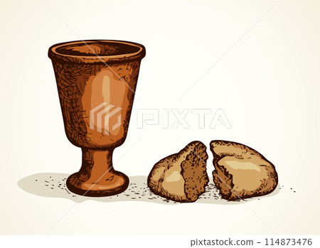 Vector symbols of Communion. Broken bread and wine in bowl Vector symbols of Communion. Broken bread and wine in bowl 114873476