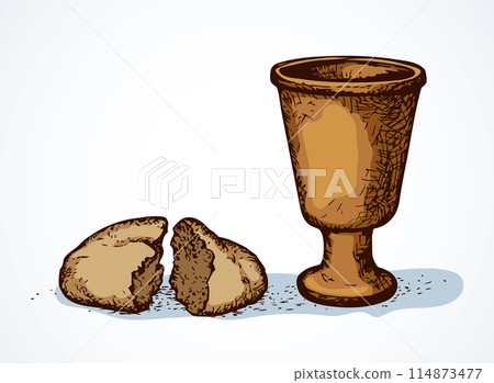 Vector symbols of Communion. Broken bread and wine in bowl Vector symbols of Communion. Broken bread and wine in bowl 114873477