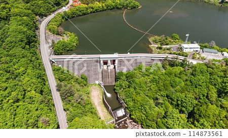 Higashihiroshima City, Hiroshima Prefecture_Fresh greenery [Mukunashi Dam] Drone aerial photography_MUK_No03 114873561