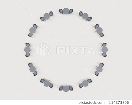 Chairs and tables arranged in a circle, viewed from above Chairs and tables arranged in a circle, viewed from above 114873806