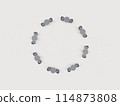 Chairs and tables arranged in a circle, viewed from above 114873808
