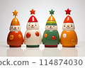 Four wooden snowmen and Christmas trees are lined up in a row 114874030