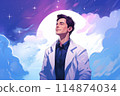 A man in a white coat is standing in front of a full moon in the night sky 114874034