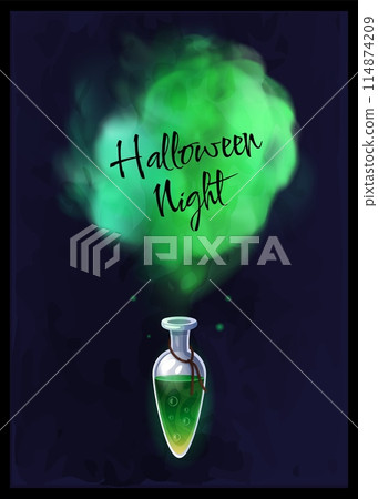 Magic potion. Elixir bottle. Halloween holiday. Mystery green liquid. Magical poison drink. Glass vial with toxic smoke. Wizard alchemy lab. Fantasy night. Poisonous steam. Vector witchcraft phial 114874209