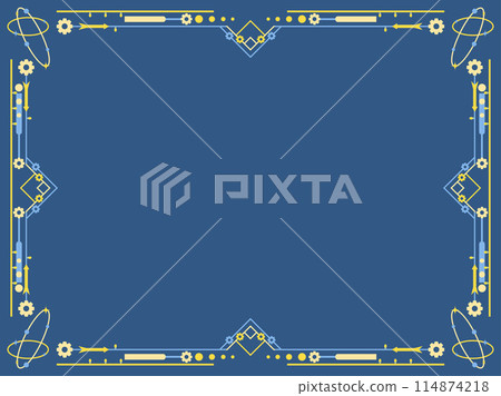 Vintage atompunk style frame with gears and light bulbs. Retrofuturistic frame made of lines in the style of the 1950s-1960s. Design for invitations and banners. Vector illustration 114874218