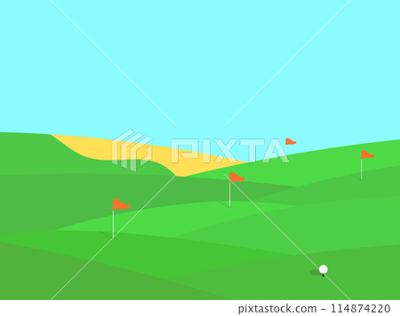 Golf field. Wavy green meadow in a minimalist style. Golf course with holes and red flags. Landscape with green field. Design for advertising products, banners and posters. Vector illustration Golf field. Wavy green meadow in a minimalist style. Golf course with holes and red flags. Landscape with green field. Design for advertising products, banners and posters. Vector illustration 114874220