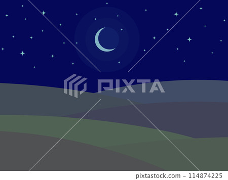 Night landscape with a crescent moon and stars. Night view of wavy green hills under the moon in a minimalist style. Design for wallpapers, banners and posters. Vector illustration 114874225