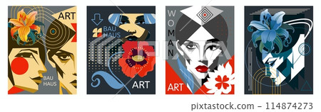 Bauhaus art posters. Woman portrait abstract design. Creative female faces. Party template exhibition. Geometric line shapes and paint flowers. Music botanical artwork. Vector trendy floral cards set Bauhaus art posters. Woman portrait abstract design. Creative female faces. Party template exhibition. Geometric line shapes and paint flowers. Music botanical artwork. Vector trendy floral cards set 114874273