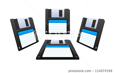 Floppy disk on white background. HD diskette old data media. Storage medium used for data storage. 114874398