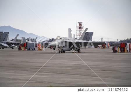 A parked F/A18E fighter jet A parked F/A18E fighter jet 114874432