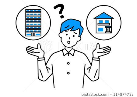 Casual man wondering whether to buy a house or an apartment 114874752
