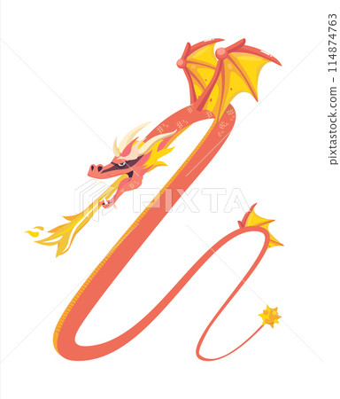 A illustration of featuring a red dragon with vibrant yellow wings 114874763