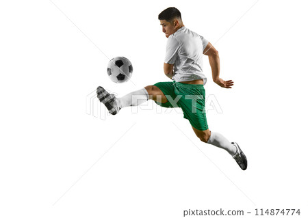 Dynamic portrait of young fit guy jumping to make perfect pas in motion against white studio background. Dynamic portrait of young fit guy jumping to make perfect pas in motion against white studio background. 114874774