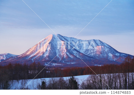 Winter in Kyogoku-cho, Abuta-gun, Hokkaido: View of Mt. Shiribetsu bathed in the morning sun from Boyo-no-Oka 114874883