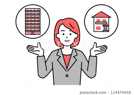 A woman in a suit offers the choice between a house or an apartment A woman in a suit offers the choice between a house or an apartment 114874938