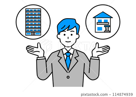 A man in a suit offering the choice between a house or an apartment 114874939