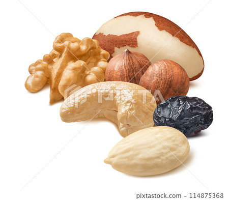 Brazil nut, walnut, hazelnut, blanched almond, cashew and raisin isolated on white background Brazil nut, walnut, hazelnut, blanched almond, cashew and raisin isolated on white background 114875368