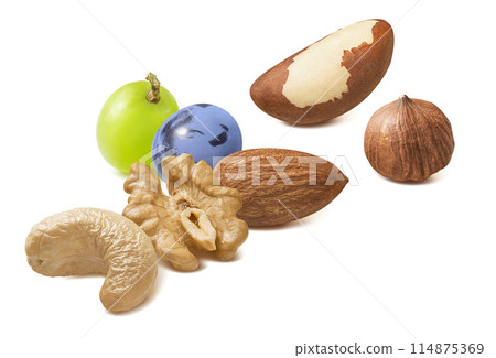 Brazil nut, walnut, hazelnut,  almond, cashew and grapes isolated on white background 114875369