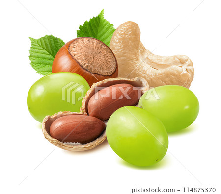 Hazelnut, peanut, cashew nut and green grapes isolated on white background 114875370