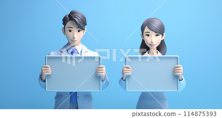 Male and female business people holding flip charts / miniature models 114875393