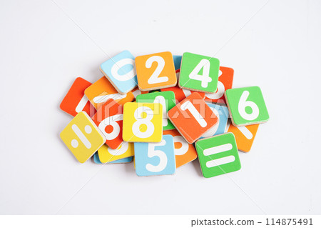 Number wood block cubes for learning Mathematic, education math concept. Number wood block cubes for learning Mathematic, education math concept. 114875491