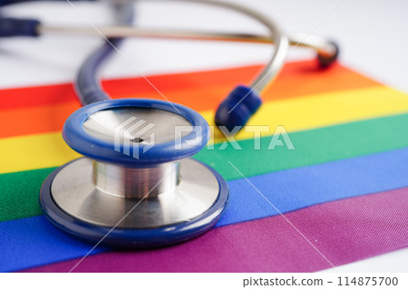 LGBT symbol, Stethoscope with rainbow ribbon, rights and gender equality, LGBT Pride Month in June. LGBT symbol, Stethoscope with rainbow ribbon, rights and gender equality, LGBT Pride Month in June. 114875700