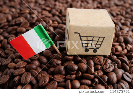 Italy flag with shopping cart on coffee beans, shopping online for export or import food product. 114875791
