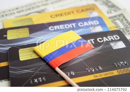 Colombia flag on credit card, finance economy trading shopping online business. 114875792