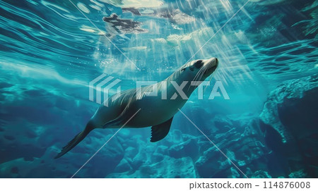 A sea lion swims underwater in a blue sea. A sea lion swims underwater in a blue sea. 114876008