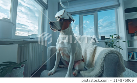 A young cheerful dog sits in a modern room, wearing a white VR virtual reality headset. daylight 114876009