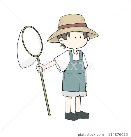 A boy in a straw hat catching insects 114876013