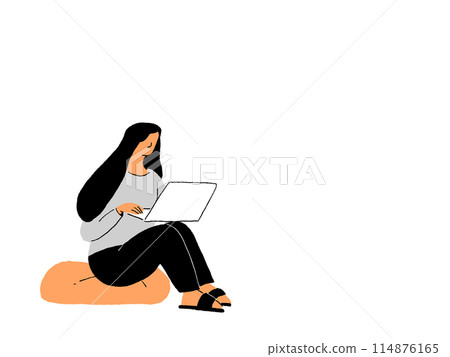 A woman sitting and opening a laptop A woman sitting and opening a laptop 114876165