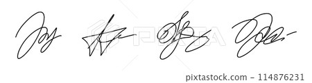 Hand drawn fake autograph with scribble pen strokes. Handwritten signature sample and random name. Sign for documents and certificates. Flat vector illustration on white background. 114876231