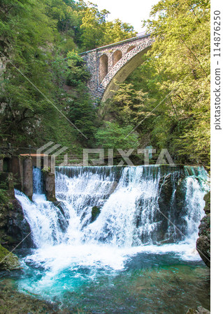 Waterfalls in the Vintgar Gorge, Slovenia 114876250